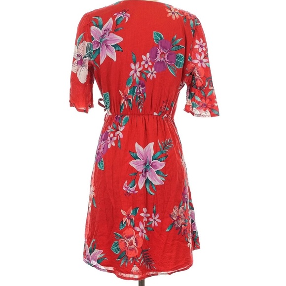 Old Navy Deep V Neck Waist-Defined Bell-Sleeve Faux-Wrap Red Mini Dress Large - Picture 4 of 11